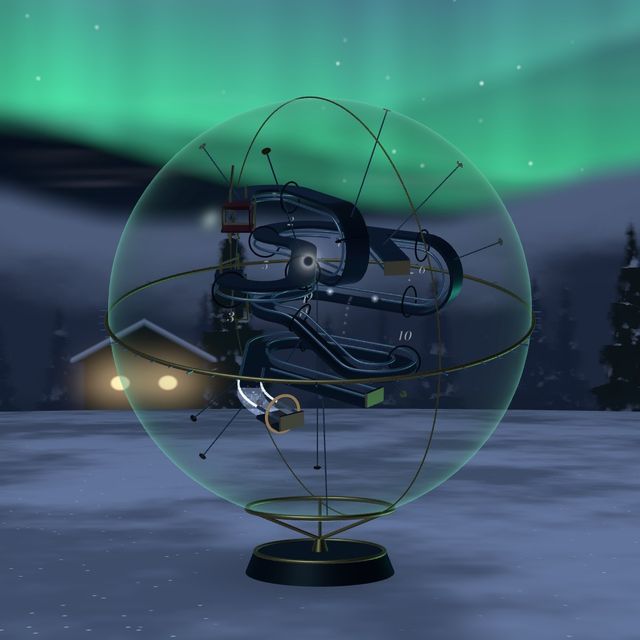 The sphere in the snow beside a cabin, under the northern lights