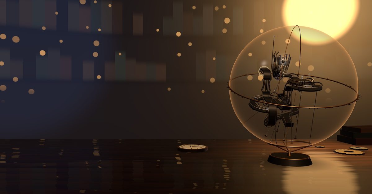 A glass sphere on a watchmaker's desk in the evening, with a winding track inside it and a marble at the top