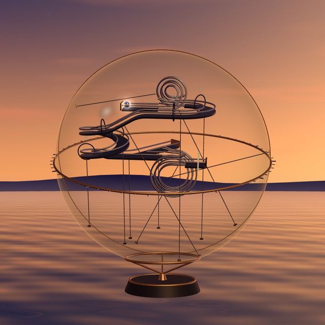 The sphere over still water at dusk